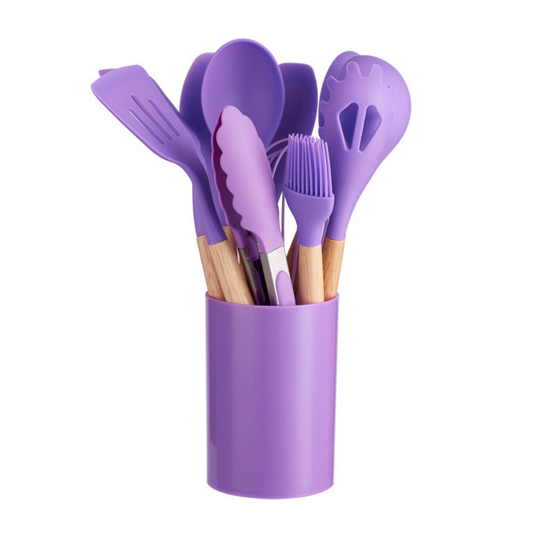 12-Piece Silicone Kitchen Utensil Set with Natural Wooden Handles - Heat Resistant & Non-Stick