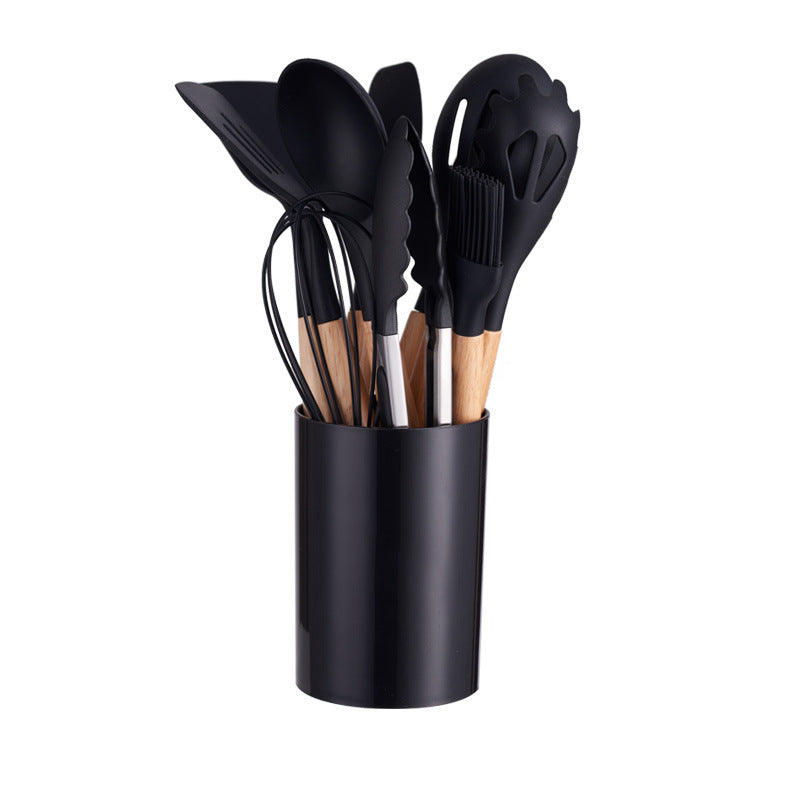 12-Piece Silicone Kitchen Utensil Set with Natural Wooden Handles - Heat Resistant & Non-Stick