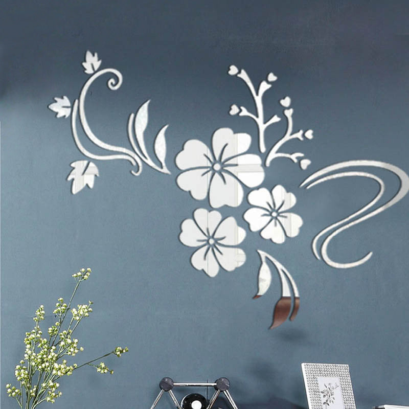 Acrylic Mirror Floral Wall Stickers Self Adhesive Mirror Wall Decor Removable Mirror Decor 3D Flower DIY Wall Sticker for Living Room Bedroom Bathroom