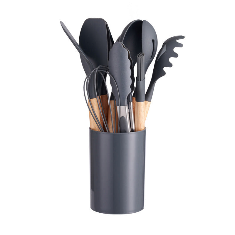 12-Piece Silicone Kitchen Utensil Set with Natural Wooden Handles - Heat Resistant & Non-Stick