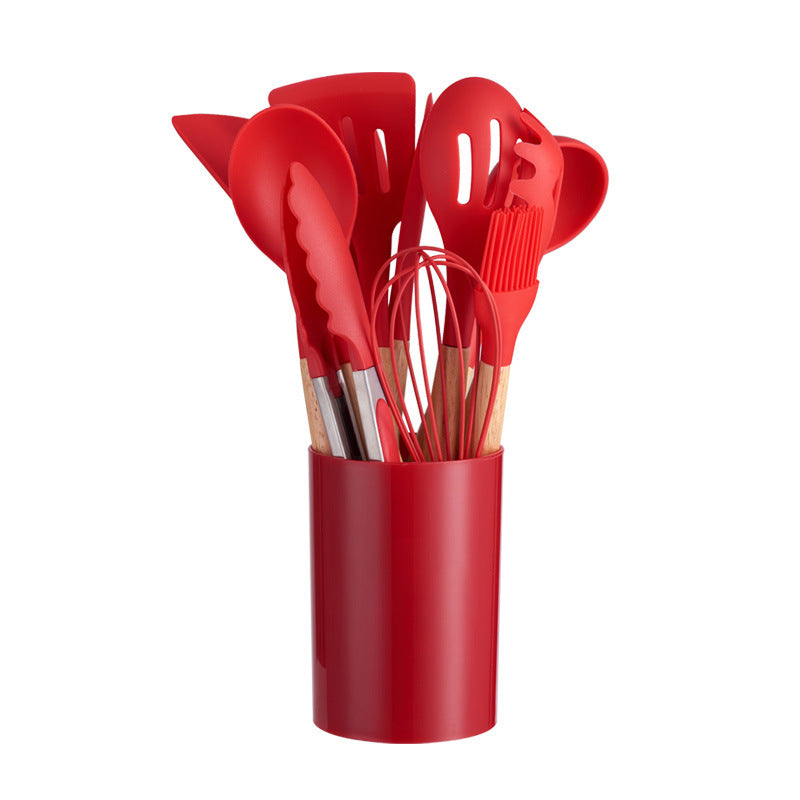 12-Piece Silicone Kitchen Utensil Set with Natural Wooden Handles - Heat Resistant & Non-Stick