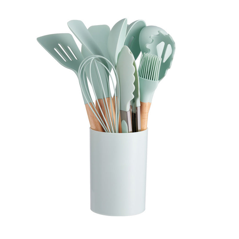 12-Piece Silicone Kitchen Utensil Set with Natural Wooden Handles - Heat Resistant & Non-Stick