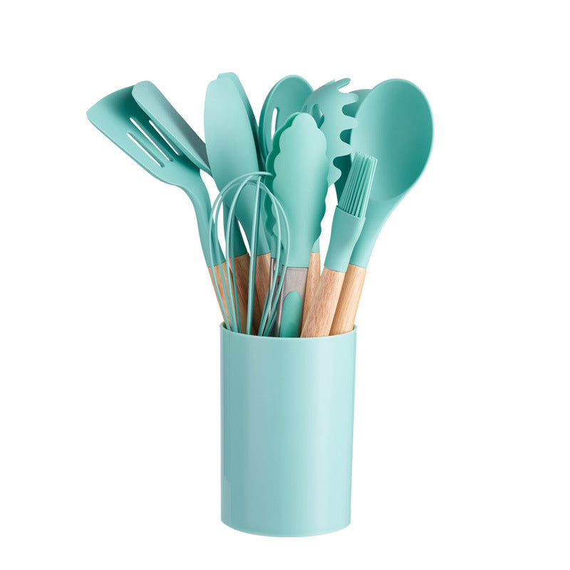 12-Piece Silicone Kitchen Utensil Set with Natural Wooden Handles - Heat Resistant & Non-Stick
