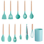 12-Piece Silicone Kitchen Utensil Set with Natural Wooden Handles - Heat Resistant & Non-Stick