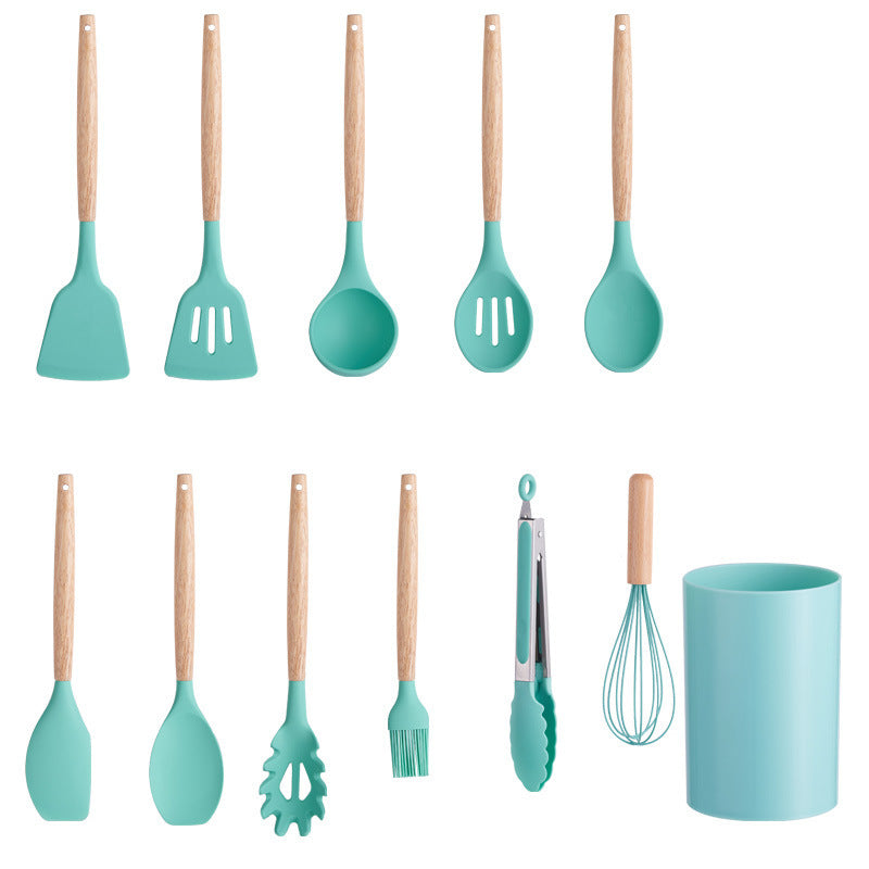 12-Piece Silicone Kitchen Utensil Set with Natural Wooden Handles - Heat Resistant & Non-Stick