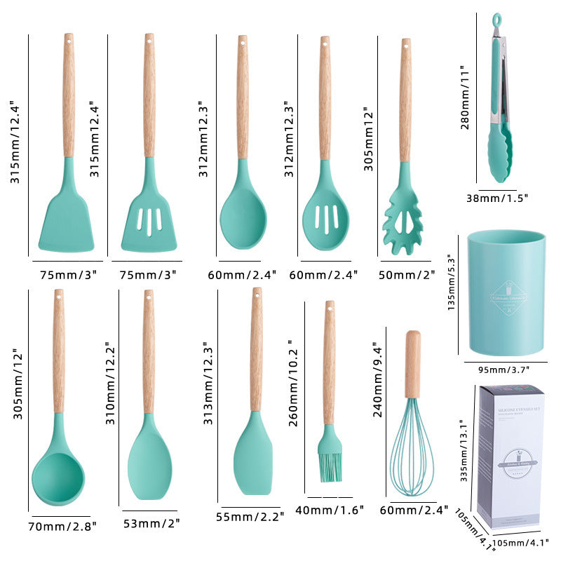 12-Piece Silicone Kitchen Utensil Set with Natural Wooden Handles - Heat Resistant & Non-Stick