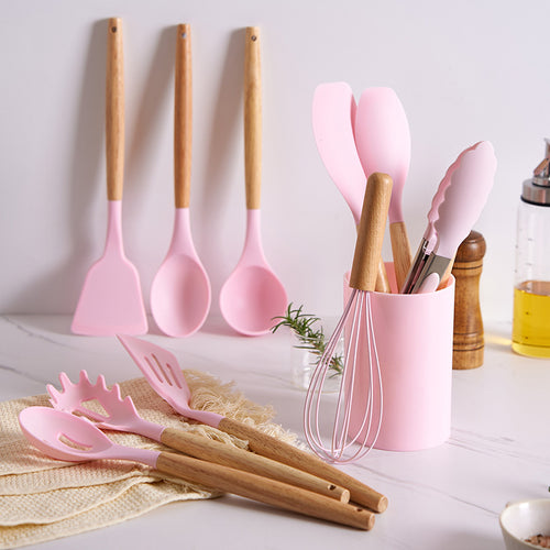 12-Piece Silicone Kitchen Utensil Set with Natural Wooden Handles - Heat Resistant & Non-Stick