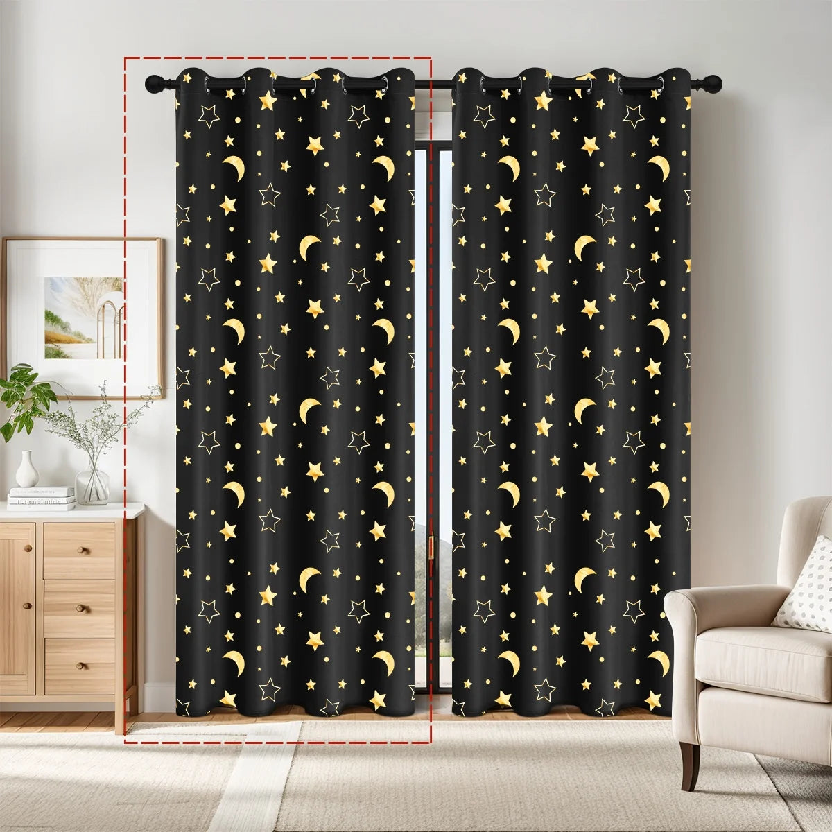 1pc Modern 100% Blackout Curtain Grommet Top, Big Star and Moon Pattern Window Curtains for Living Room Bedroom, Home Decor