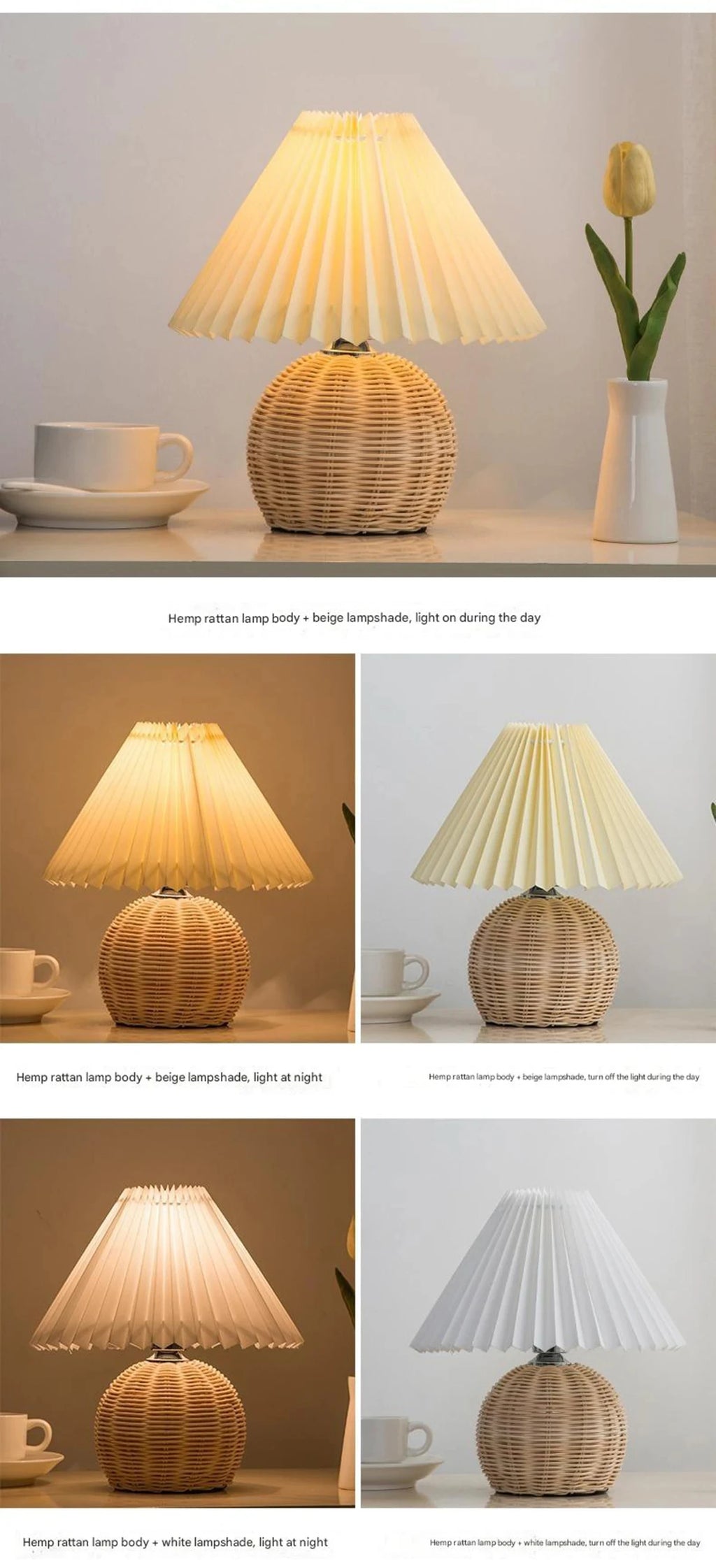 LED Fabric Pleated Lampshade Light Retro Rattan Strip USB PLUG Bedroom Bedside Lamp Desk Lamp Indoor Home Decoration Lighting