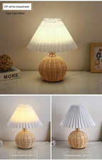 LED Fabric Pleated Lampshade Light Retro Rattan Strip USB PLUG Bedroom Bedside Lamp Desk Lamp Indoor Home Decoration Lighting