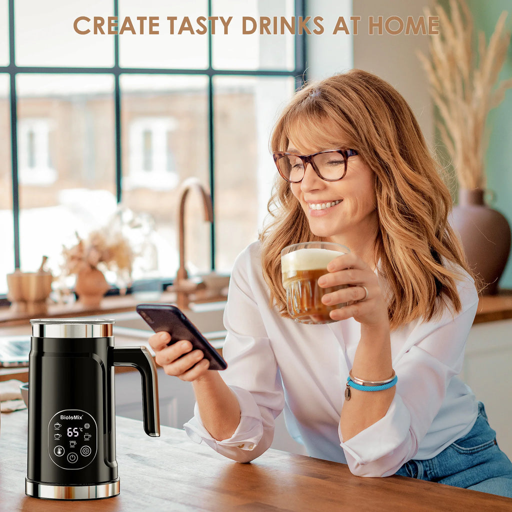 BioloMix 5-in-1 Milk Frother with Upgraded LED Display Touch Screen - Hot And Cold Foam Maker Milk Warmer for Coffee Latte