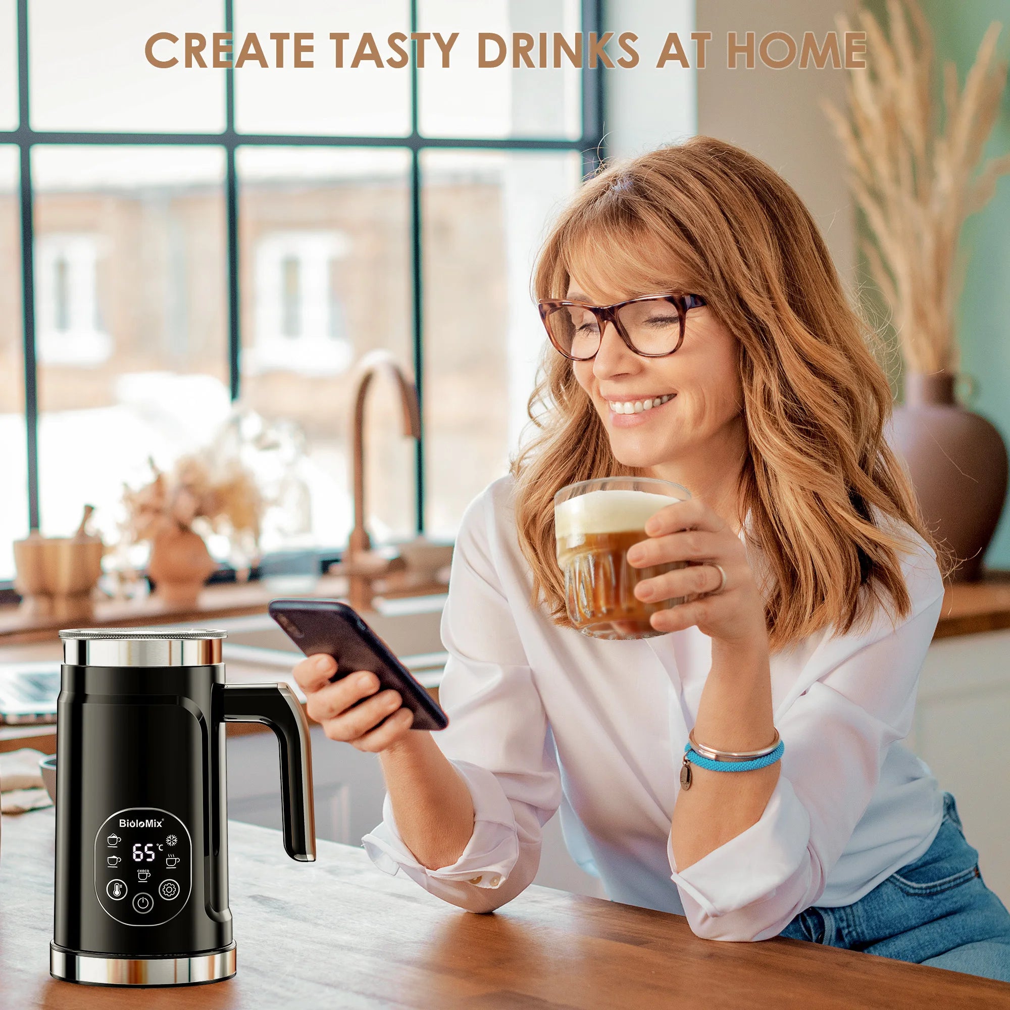 BioloMix 5-in-1 Milk Frother with Upgraded LED Display Touch Screen - Hot And Cold Foam Maker Milk Warmer for Coffee Latte