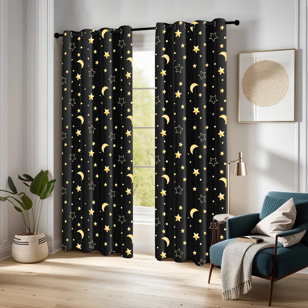 1pc Modern 100% Blackout Curtain Grommet Top, Big Star and Moon Pattern Window Curtains for Living Room Bedroom, Home Decor