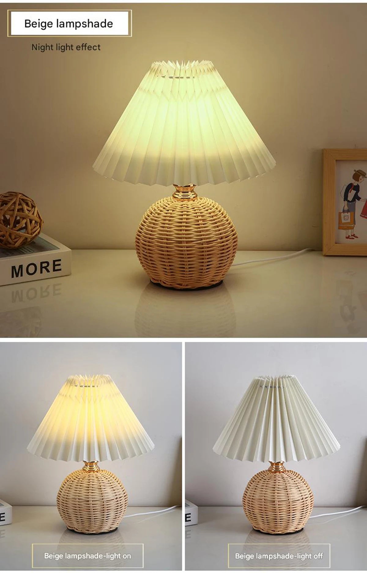 LED Fabric Pleated Lampshade Light Retro Rattan Strip USB PLUG Bedroom Bedside Lamp Desk Lamp Indoor Home Decoration Lighting