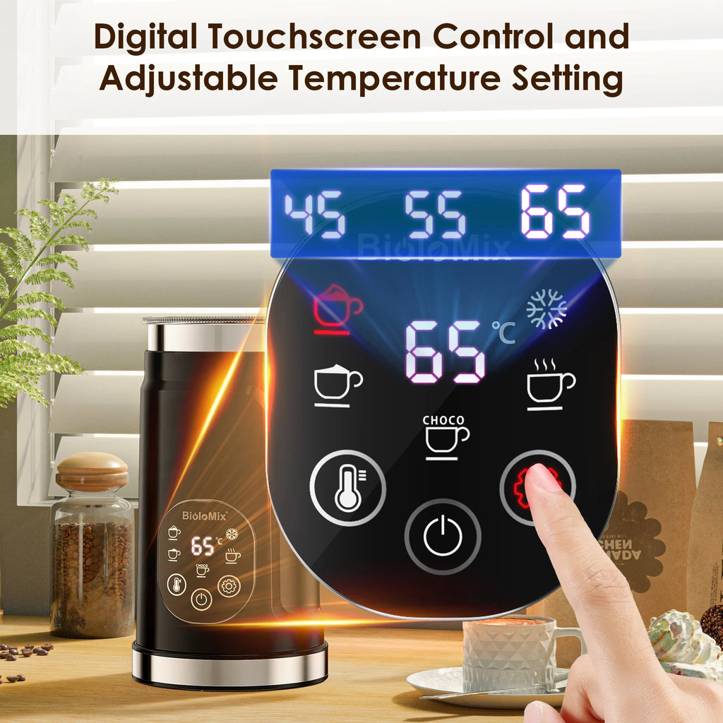 BioloMix 5-in-1 Milk Frother with Upgraded LED Display Touch Screen - Hot And Cold Foam Maker Milk Warmer for Coffee Latte