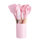 12-Piece Silicone Kitchen Utensil Set with Natural Wooden Handles - Heat Resistant & Non-Stick