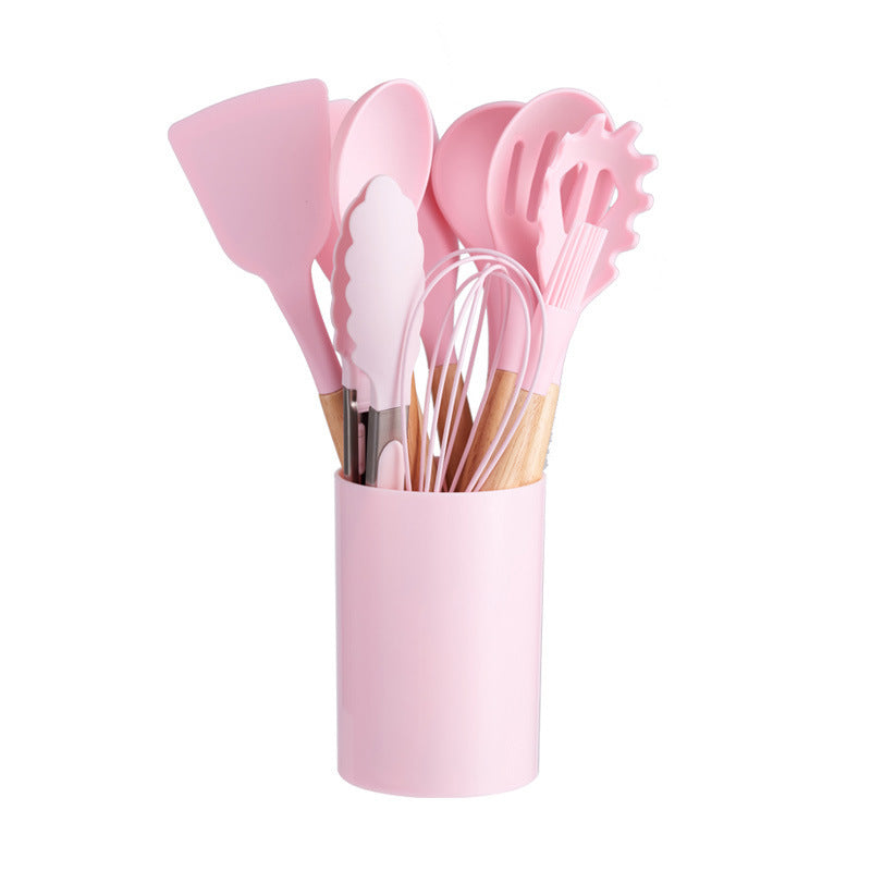 12-Piece Silicone Kitchen Utensil Set with Natural Wooden Handles - Heat Resistant & Non-Stick