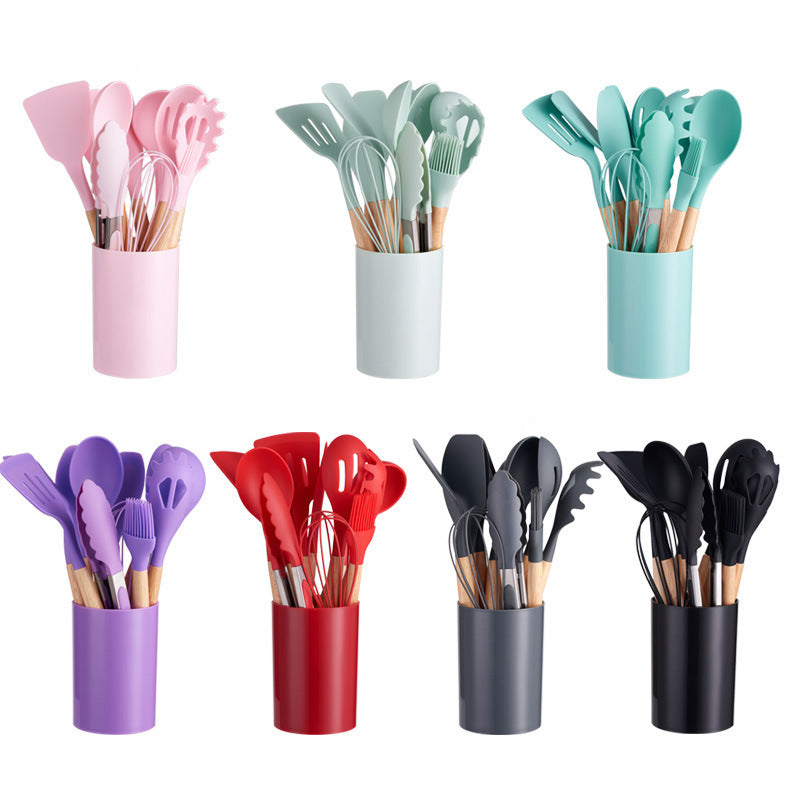 12-Piece Silicone Kitchen Utensil Set with Natural Wooden Handles - Heat Resistant & Non-Stick