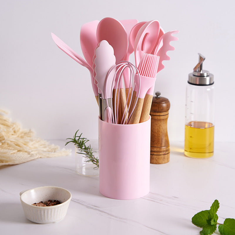 12-Piece Silicone Kitchen Utensil Set with Natural Wooden Handles - Heat Resistant & Non-Stick