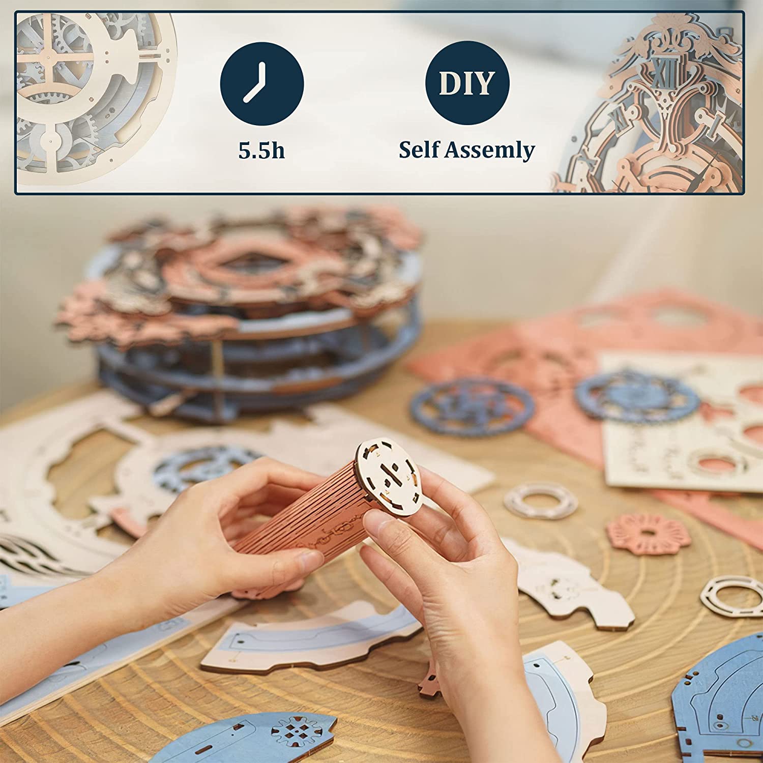 Robotime ROKR 3D Wooden Puzzle Time Art Romantic Notes Wall Clock Model Toys For Children Kids